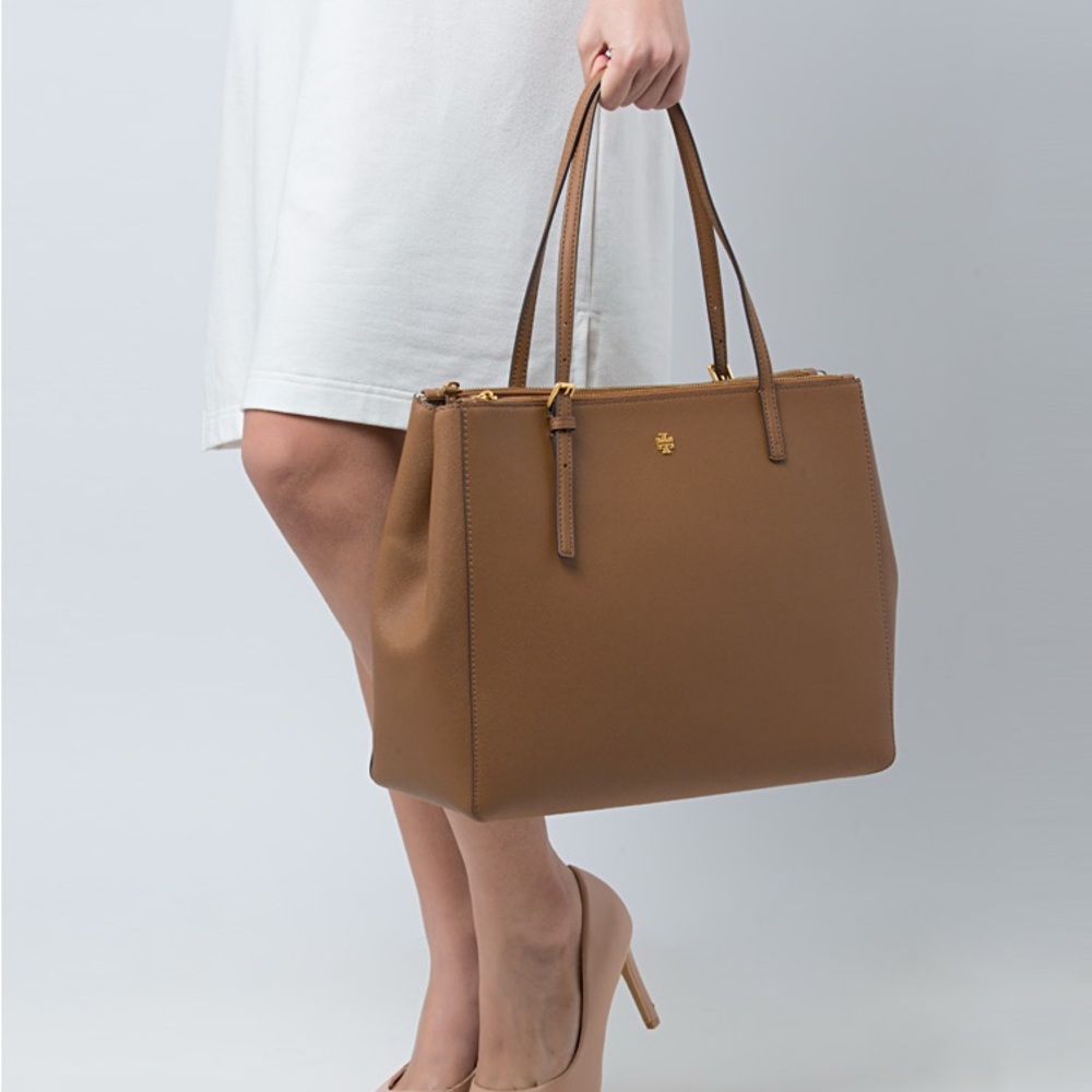 Tory Burch Emerson Tan Leather Double Zip Tote NWOT